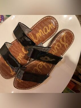 Sam Edelman Black Patent Double-Strap Slide Sandals with Brown Footbed